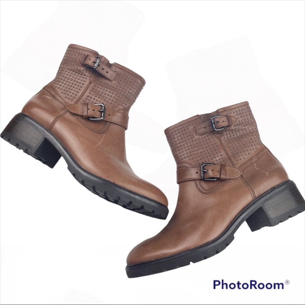 COACH Gates Leather Studded Calf Boots Brown Buckle Size 8.5